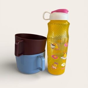 Gudetama Water Bottle + 2 Kids Handled Cups/Mugs Set (3pc) Yellow/Blue/Dark Red